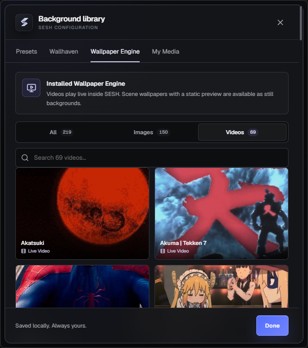 SESH background library showing Wallpaper Engine videos