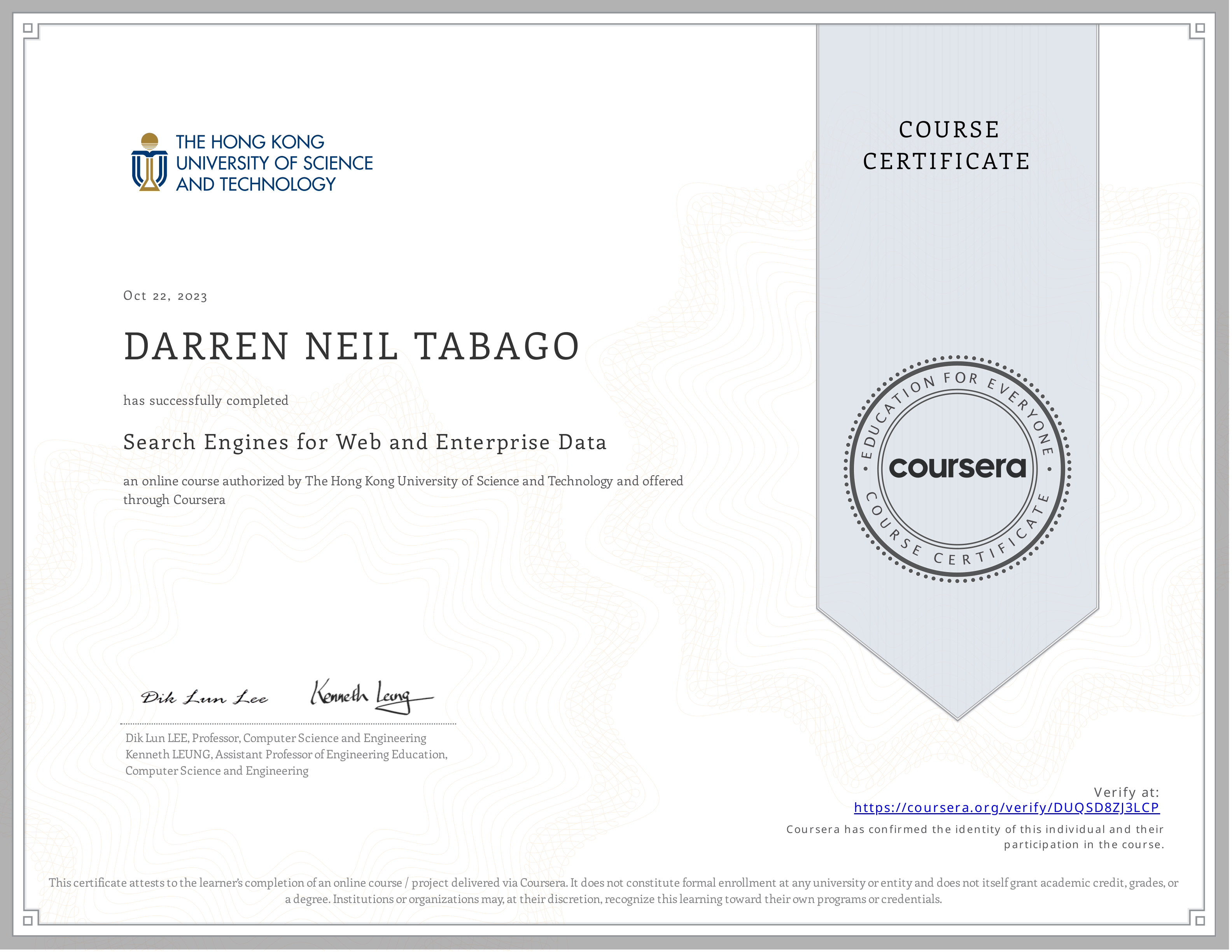 Search Engines for Web and Enterprise Data certificate preview