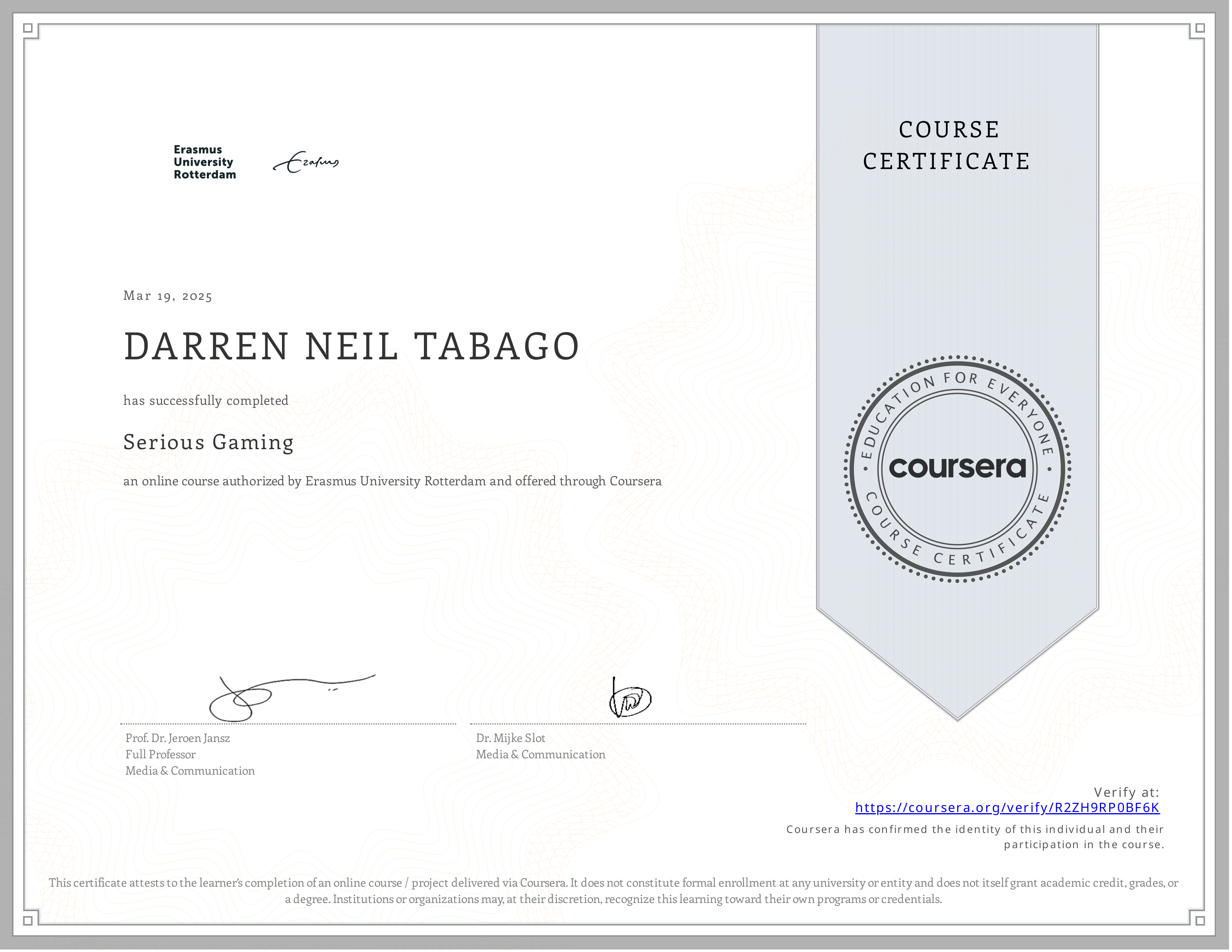 Serious Gaming certificate preview